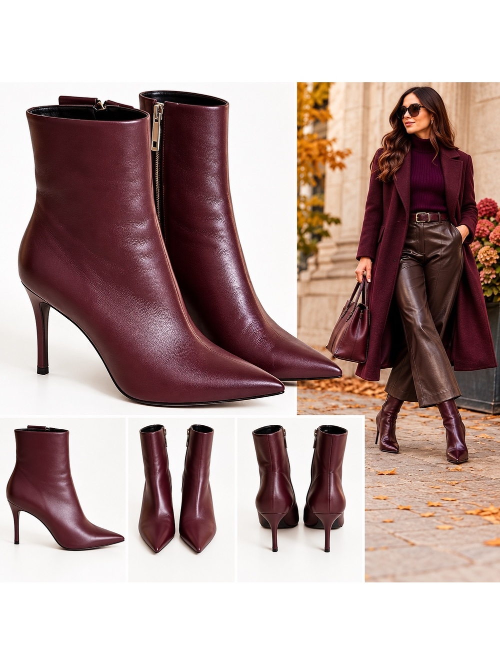 MA&LÒ Burgundy Pointed-Toe Stiletto Ankle Boots Made in Italy US 6.5/7